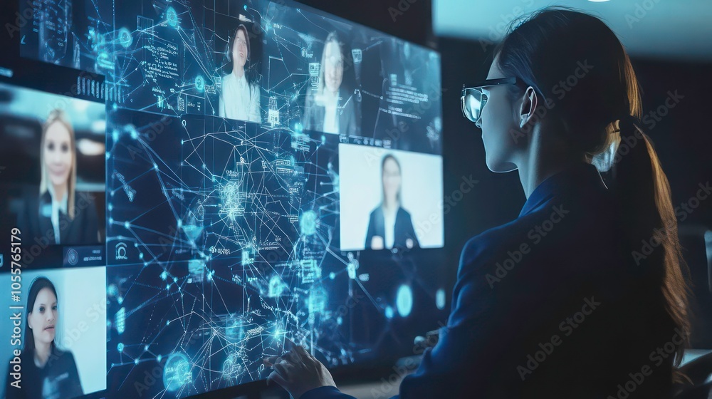 Fototapete a professional analyzing data and video feeds on a digital interface.