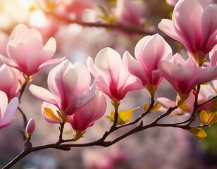 Blooming branch of magnolia tree in spring time. Close up