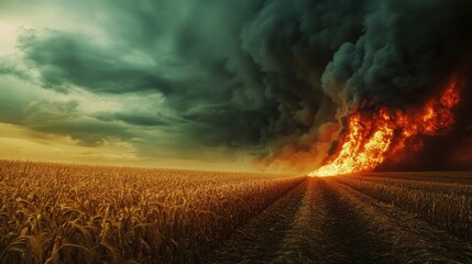 A column of smoke and flames billows into the sky from a burning field of crops