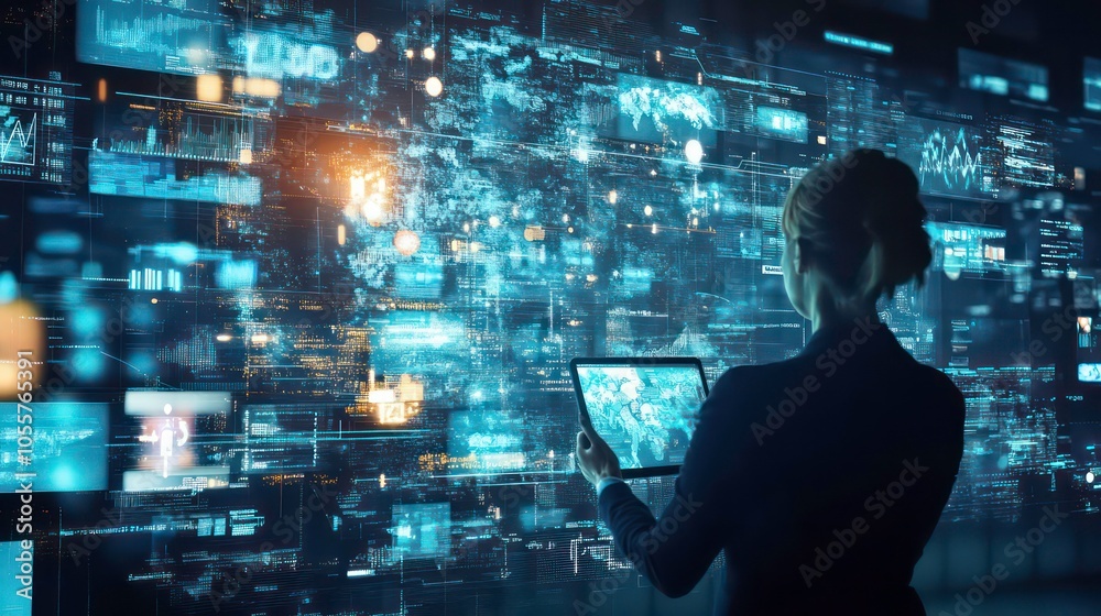 Poster A person interacts with a digital interface displaying data and analytics.