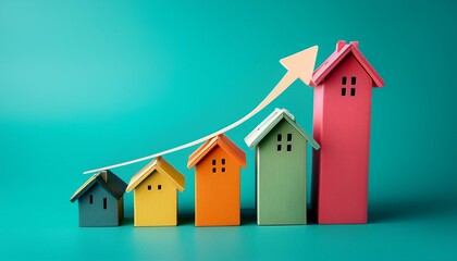 Colorful miniature houses with an upward trending arrow on a turquoise background, symbolizing real estate growth and market trends.