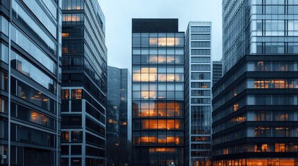 Fototapeta premium Modern cityscape featuring illuminated glass office buildings during twilight with reflections in reflective surfaces and a cool blue tone throughout the architecture.