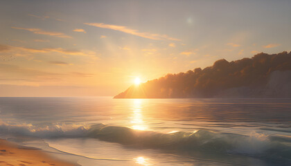 The morning sunlight shines off the sea, with soft flares spreading across the sky.