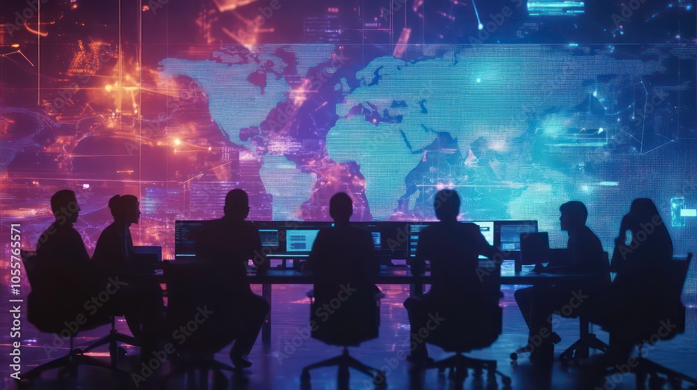 Leinwandbilder A team collaborates in a tech-focused environment, analyzing global data on screens.