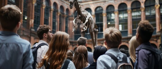 Naklejka premium A group of people, backs turned, gaze up at a towering dinosaur skeleton, set against the backdrop of an architectural museum hall.