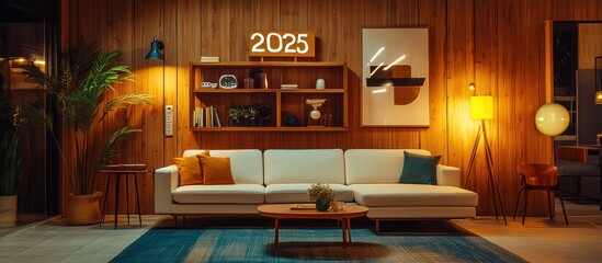 Modern living room interior with a white sofa, wooden paneling, and a neon 2025 sign.