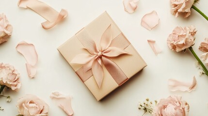 Gift Box Surrounded by Delicate Pink Roses and Petals