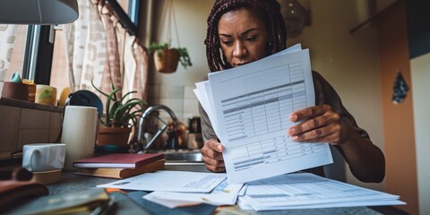 Mother Reviewing Monthly Bills at Kitchen Counter. A close-up view of an African American mother reviewing printed monthly bills at the kitchen counter, focused on balancing her household finances .