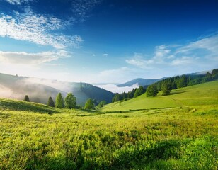Fototapeta premium Amazing landscape of rural terrain with green pasture, lonely tree and dramatic sky.