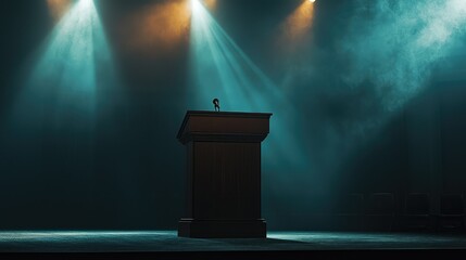 Dramatic Podium Lit by Spotlights in a Dark Setting