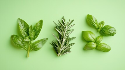 Fresh herbs displayed on a green background, featuring mint, rosemary, and basil, highlighting vibrant colors and textures.