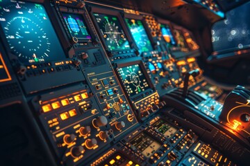 Airplane cockpit control panel glowing in the dark showing flight data during a night flight