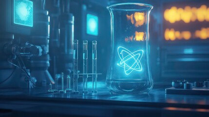 A futuristic laboratory scene featuring glowing atomic symbols and glassware.