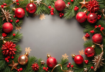 Christmas decoration on a dark textured background with a copy space top view