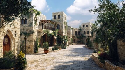 Fototapeta premium Traditional Palestinian Village Scene in Detailed Landscape