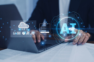 Businessman uses AI data security to safeguard company assets, ensuring confidential information...