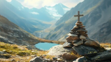 Stone Cross on Mountain Trail in Scenic Landscape
