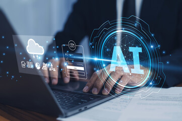 Businessman uses AI data security to safeguard company assets, ensuring confidential information...