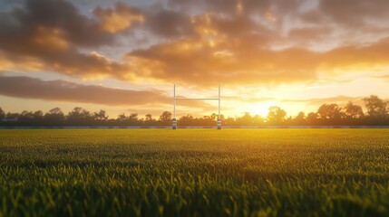 A serene rugby field at sunset, showcasing goalposts against a vibrant sky.
