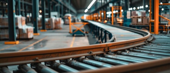 Fototapeta premium Dynamic warehouse conveyor system, busy with movement, highlights industry efficiency.