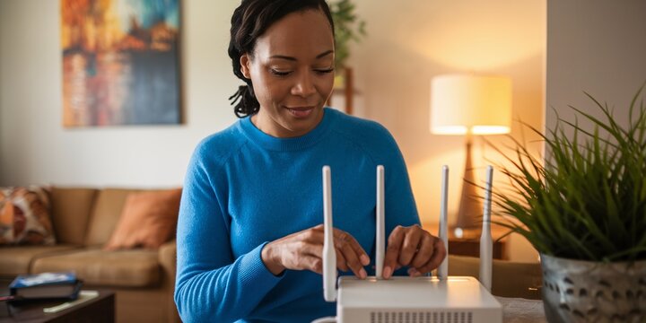Mother Checking Home Internet and Router Settings. An African American mother troubleshooting her home’s internet router, ensuring connectivity for her family’s remote needs with determination.