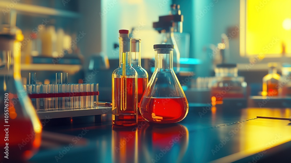 Aufkleber Glass Flasks with Red and Yellow Liquids in a Laboratory Setting