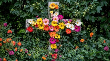 Naklejka premium Colorful Floral Cross at Memorial Site