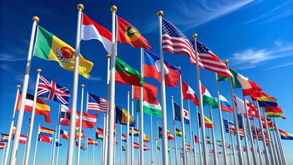 Collection of World Flags on Flagpole with Copy Space for Global Unity and Celebration