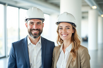 A businessman and a businesswoman smile in white helmets in a new office space