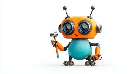 Robot with toothbrush, white isolate background