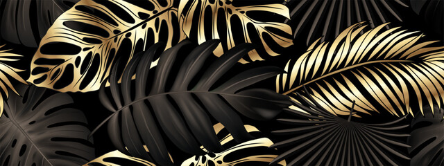 Luxurious gold and black background vector. Floral pattern, gold monster leaves, palm tree, banana leaf. Vector illustration. © andrei