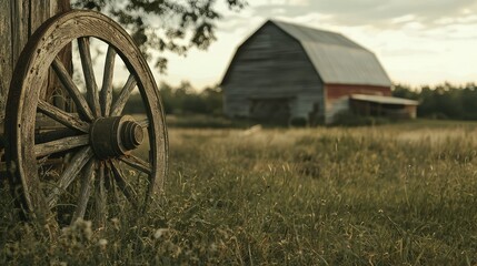 Fototapeta premium Vintage Wooden Wagon Wheel in Rustic Landscape