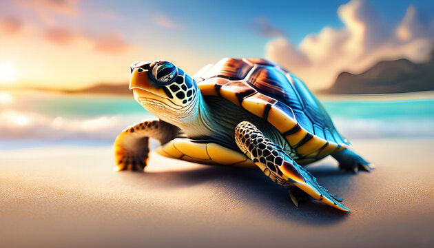 Sea Turtle on a Beach at Sunset - Stunning Nature Photography
