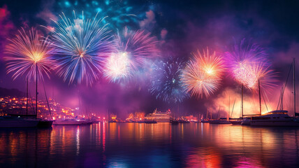 Fototapeta premium Colorful fireworks over the sea.