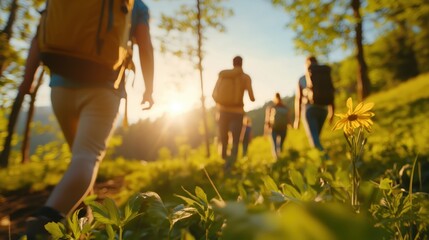A backdrop of a group of hikers walks through a lush green forest, basking in the warm glow of the setting sun.
