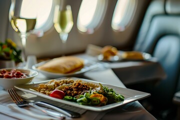 Gourmet meal being served on a plane for a first class passenger during a flight
