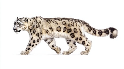 Snow leopard walking, white isolate background