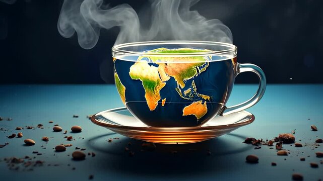 A steaming cup displays a miniature globe, surrounded by scattered coffee beans on a vibrant blue background