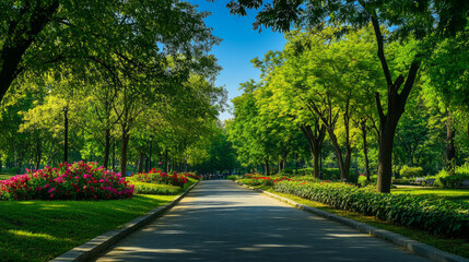 Fototapeta premium A serene walkway lined with lush greenery and vibrant flowers, leading through a peaceful park under a clear blue sky