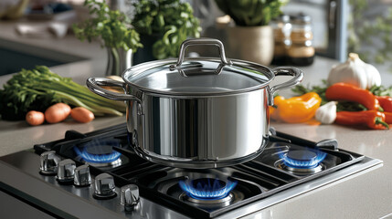 A shiny stainless steel pot placed on a gas stove, flames flickering underneath, with fresh vegetables and herbs laid out on the countertop nearby, ready for cooking