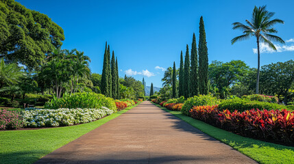 Obraz premium A serene walkway lined with lush greenery and vibrant flowers, leading through a peaceful park under a clear blue sky