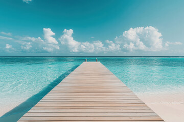 Fototapeta premium Tranquil scene with a weathered pier leading to the crystal clear ocean. Ideal for travel, vacation, and relaxation themes.