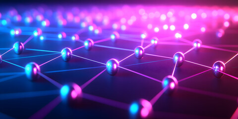 3D Rendered Network of Metallic Spheres Connected by Glowing Lines in a Purple and Blue Abstract Background