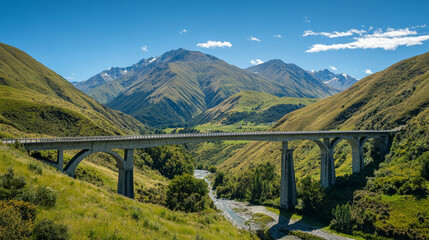 A stunning bridge arching over a majestic mountain range, with lush green valleys below and a clear blue sky overhead, showcasing the beauty of nature
