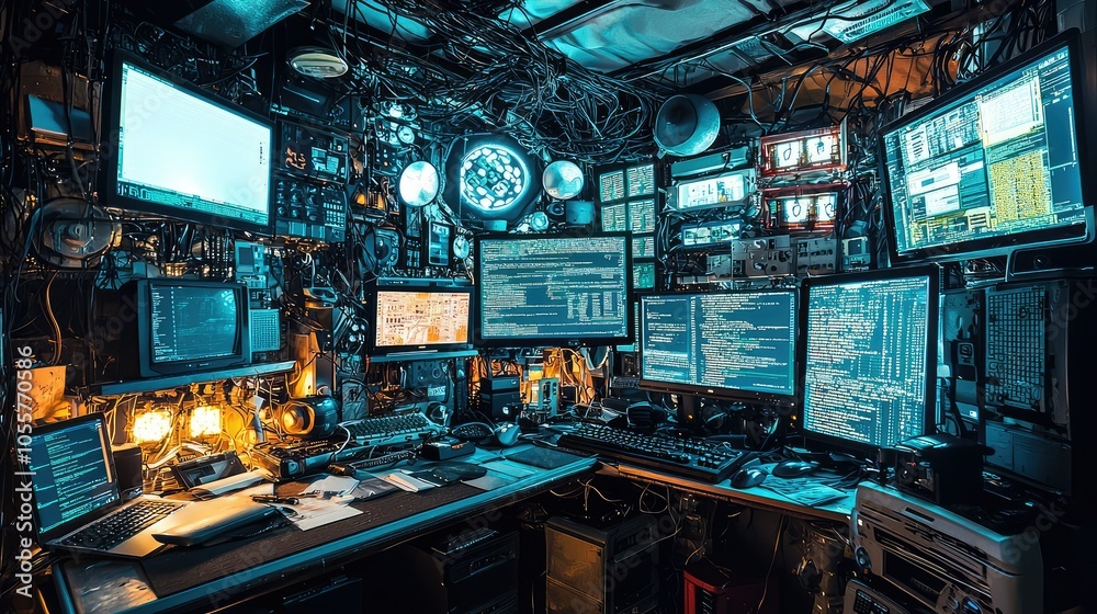Poster intricate hacker workspace with multiple monitors