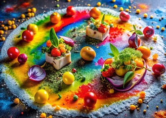 Colorful Food Presentation on Decorative Plaster Background for Culinary Inspiration
