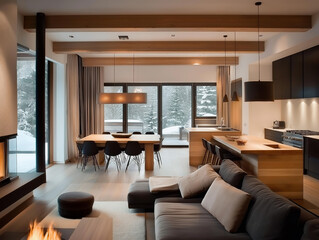 un unghi mare apropiat in interiorul unui living modern cu note neo clasice, culori neutre cu mobilier din lemn deschis, atmosfera calda