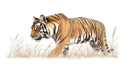 Obraz premium Tiger walking in tall grass, white isolate background