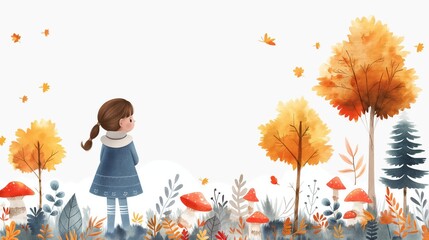 Kids notebook page autumn illustration on white backdrop, perfect for kids education