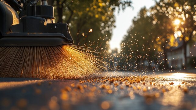 Street sweeper cleaning road at sunset, dust and debris flying